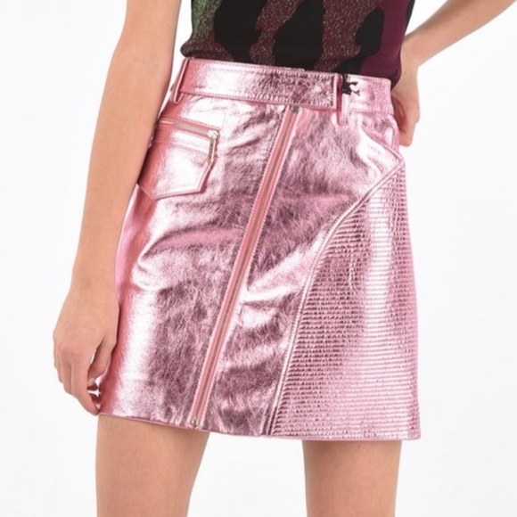 Just Cavalli Dresses & Skirts - JUST CAVALLI METALLIC PINK LEATHER RIBBED HIGH WAIST MINI MOTO SKIRT